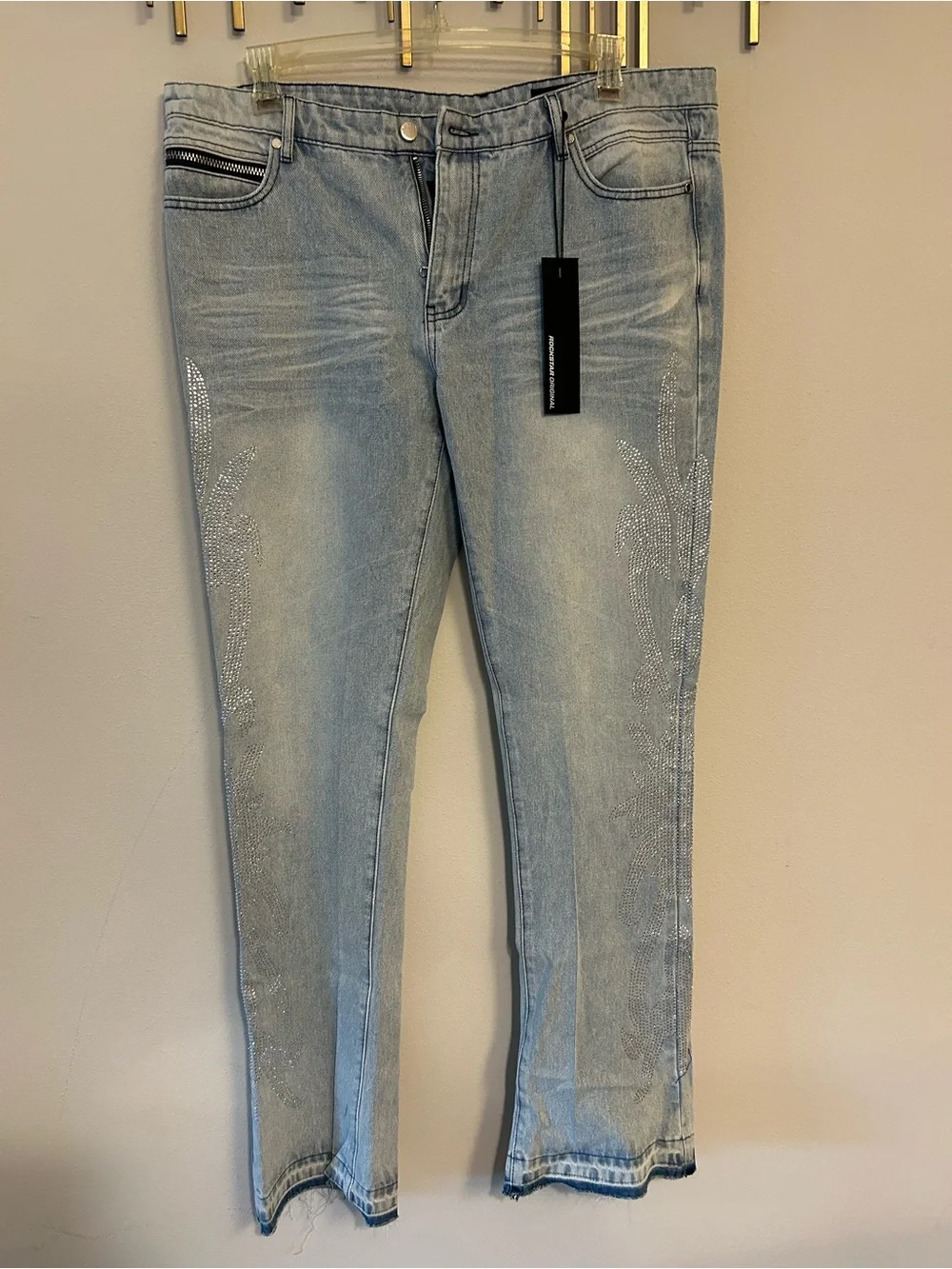 Skinny Light Blue Wash Jeans with Rhinestone Side Detail